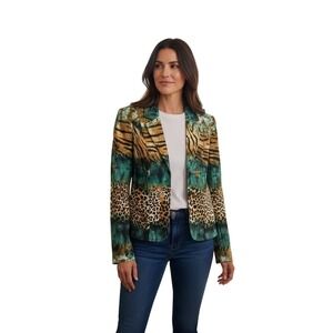 Joseph Ribkoff size 12 Animal Print Blazer Jacket Teal Green Tiger Leopard